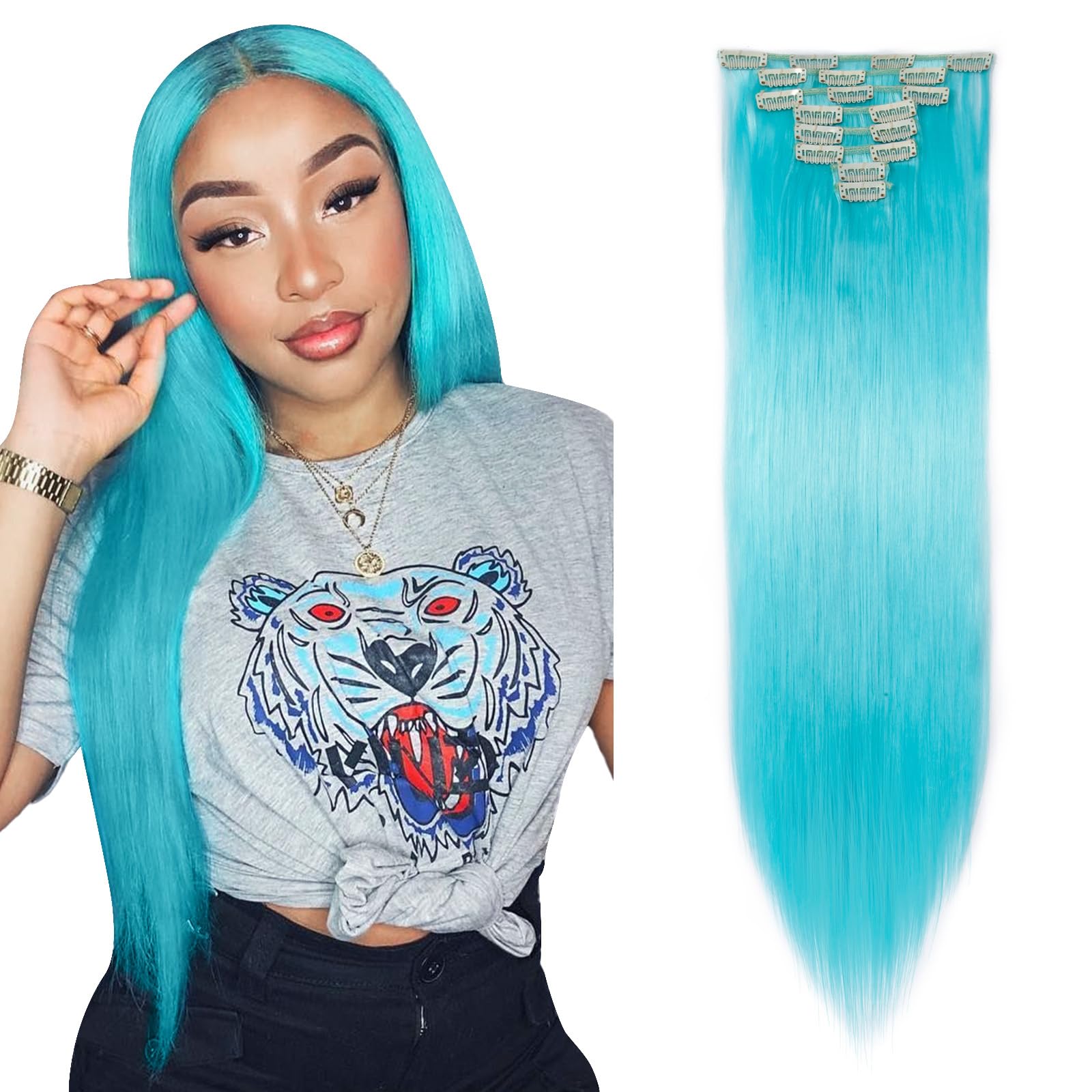 26" Long Straight Clip in Hair Extensions Full Head 8Pcs 18Clips Ombre Colorful Synthetic Hair Clip in Hairpiece Sky Blue