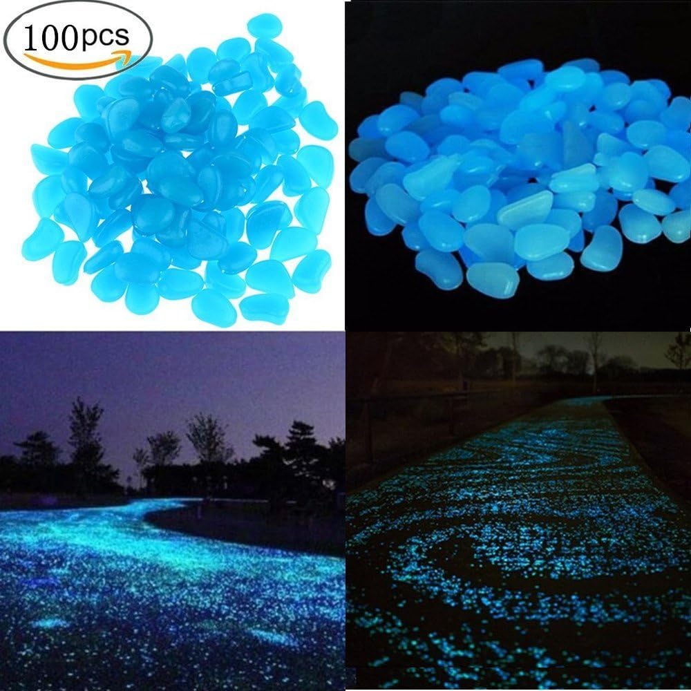 Glow Pebbles,100 Pcs Glow in the Dark Garden Pebbles Stone for Walkways Yard Aquarium Gravel Fish Tank and Garden Driveway,Powered By Light And Solar(Blue)