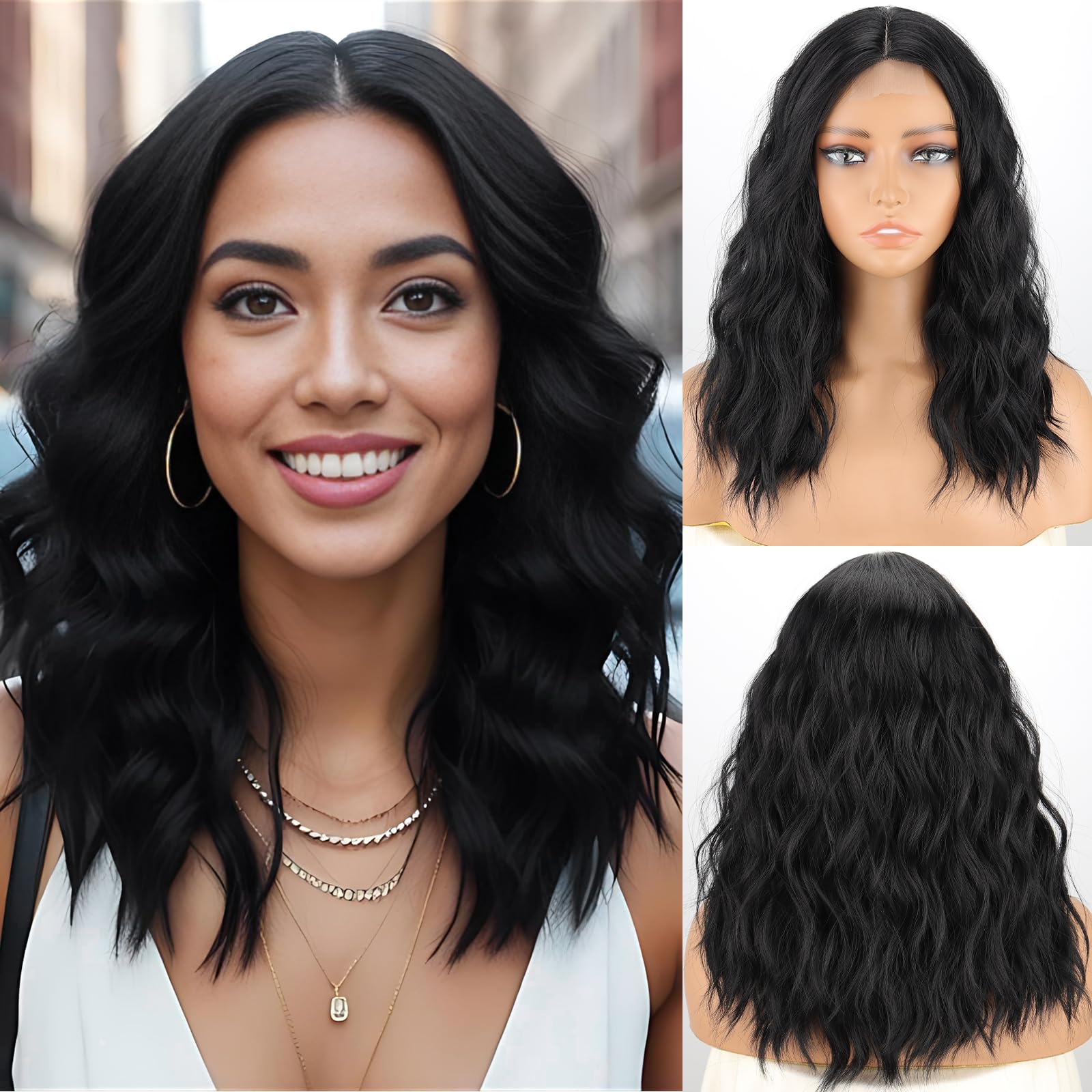 Photo 1 of MISSQUEEN 18 Inch Short Wavy Black Wig for Women Medium Length Black Bob Style Synthetic Heat-resistant Natural Realistic Black Hair Wig for Everyday Hairstyle Cosplay Party Use