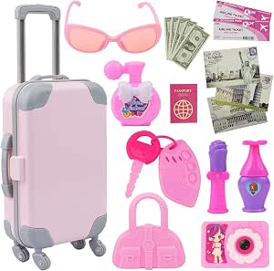 Amazon.com: K.T. Fancy 19 piezas American Doll Maleta Viaje Equipaje Juegos  Juegos para 18 pulgadas Muñeca Viaje Transportador Almacenamiento,  incluyendo Muñeca Equipaje Gafas de Sol Cámara Labios Pasaporte Boletos  Efectivos : Juguetes