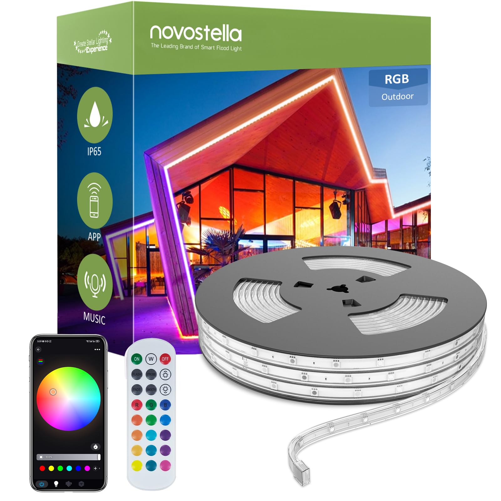 Photo 1 of NOVOSTELLA Smart Outdoor Rope Light, 49.2ft Music Sync RGB LED Strip Lights, App Control and RF Remote Color Changing Dimmable Tape Exterior Lighting Kit, for Garden Decorative Stairs Party, 24V IP65