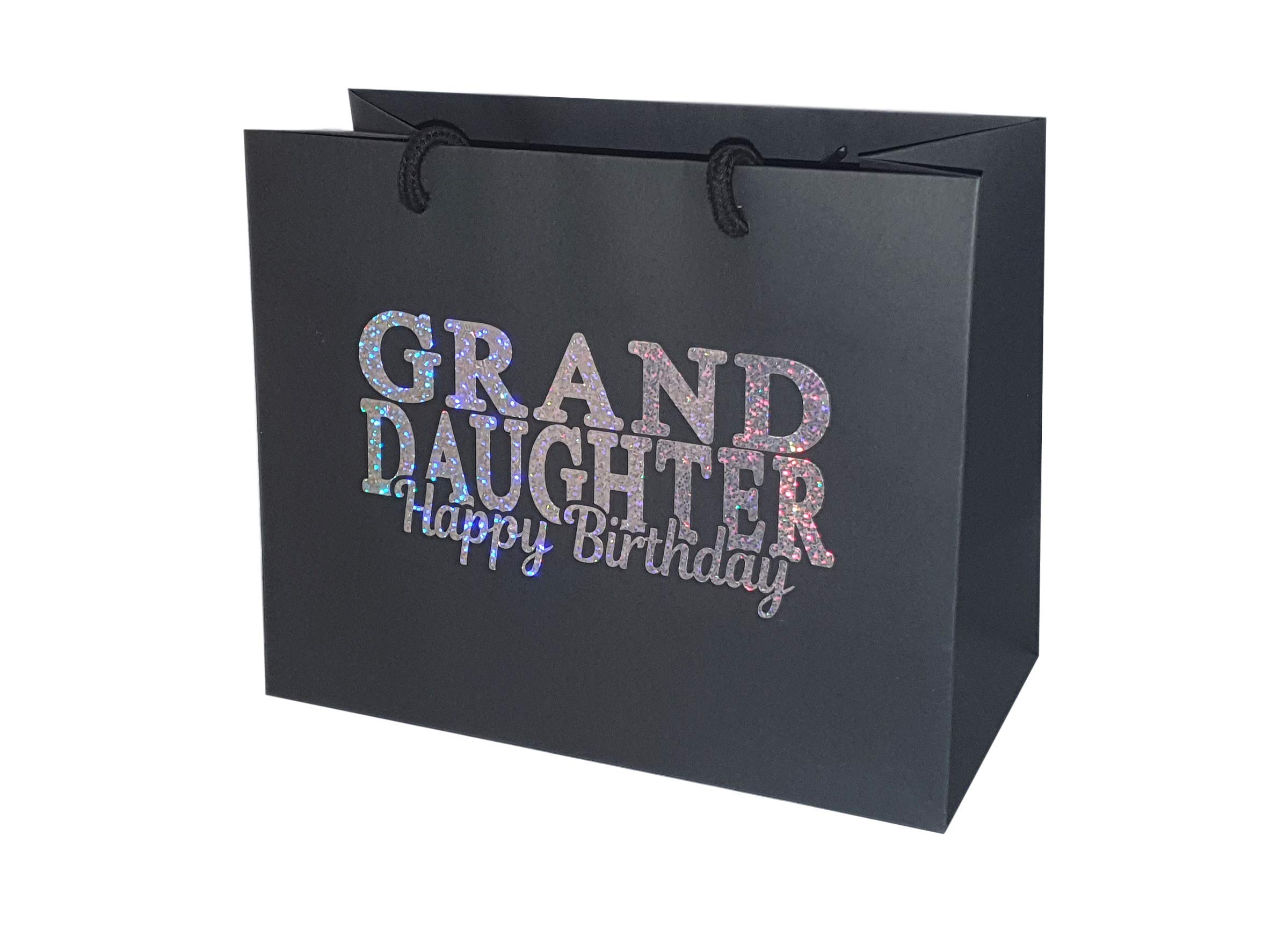 Grand-Daughter Happy Birthday Gift Bag - Holographic Glitter Gift Bag with Rope Handles and Tissue Paper - Birthday Ideas Grand Daughter (Large)