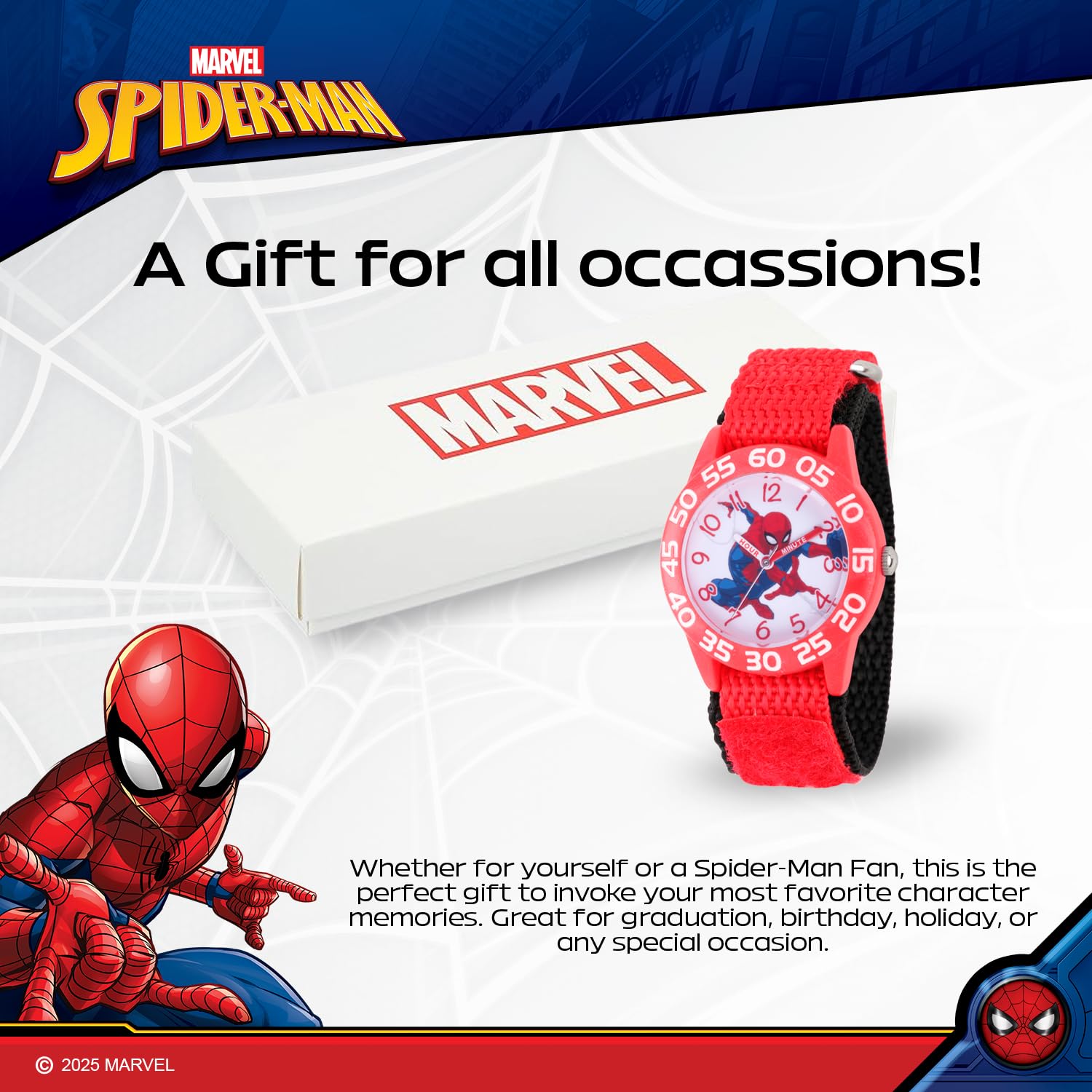 Marvel Spiderman Watch for Kids - Spiderman Watch Boys - Spider-Man Watches for Boys 4-6 - Kids Toys - - Marvel Toddler - Teen - White Bezel - Blue Nylon Strap
