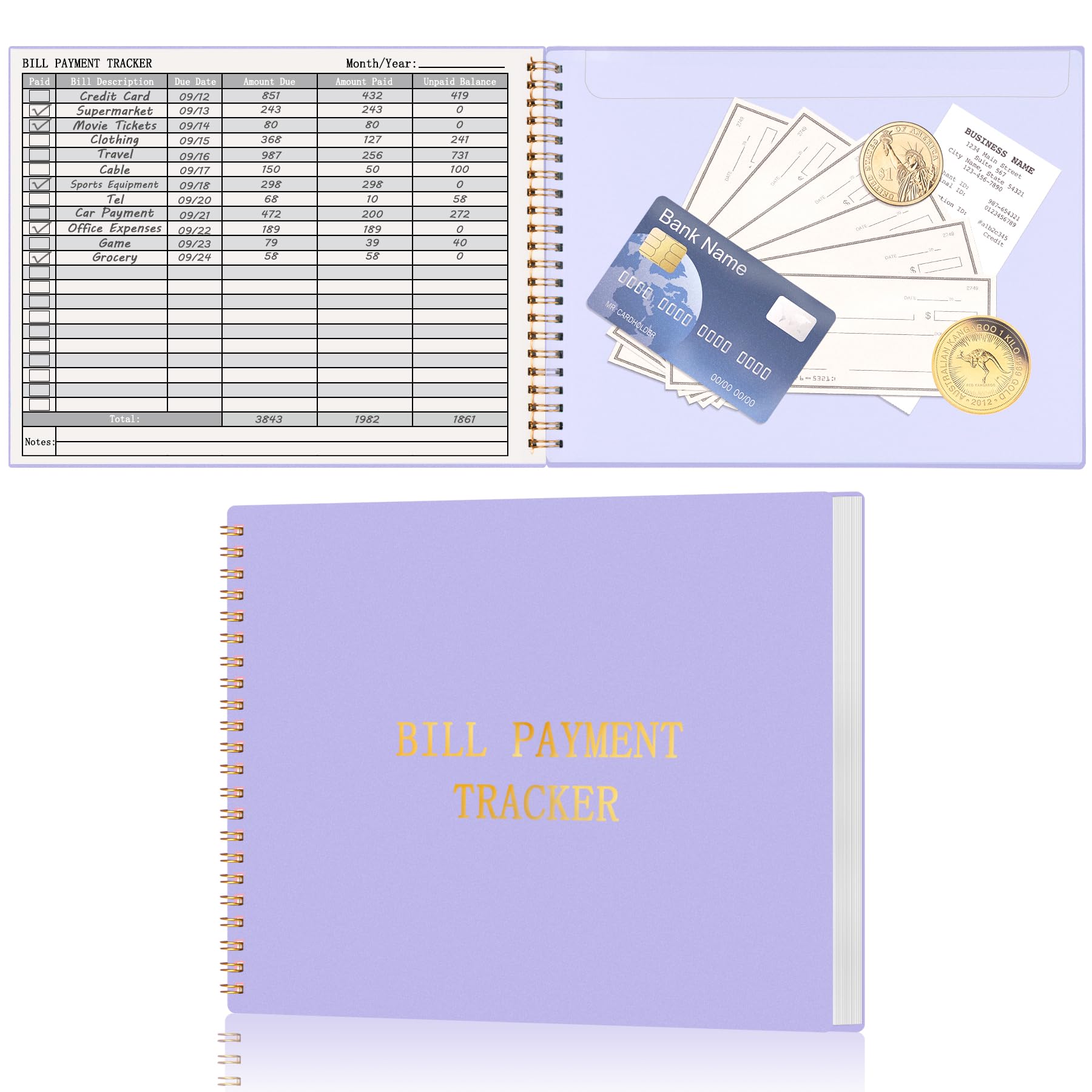 HAUTOCO Bill Payment Tracker: Bill Tracker Notebook for Financial Budgeting, Monthly Bill Payment Organiser Log Book for Small Business & Personal Expenses - 120 Pages, Purple