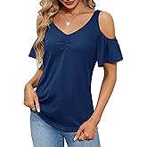 Micoson Cold Shoulder Tops for Women Summer Short Sleeve Shirts Ladies Floral Ruched Blouse Classic Cute V Neck Tunic