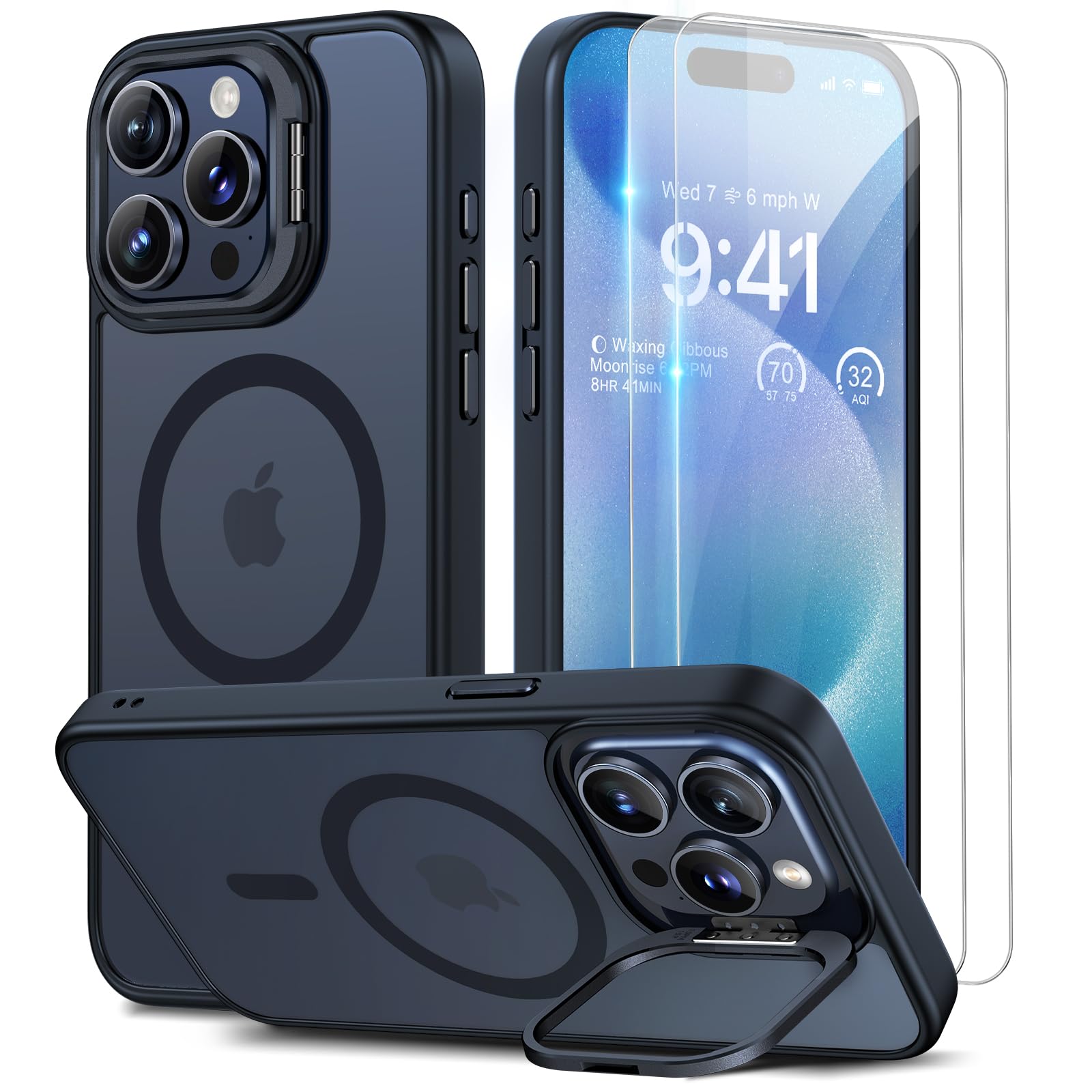 Beeasy for iPhone 15 Pro Case MagSafe Phone Case with 2 Screen Protectors and Stand, Military Shockproof Protective Slim Cover, Case for iPhone 15 Pro 6.1 Inch, Translucent Black