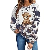 ASTANFY Highland Cow Sweatshirt Women Embroidered Cows Graphic Sweater Western Cowgirl Sweatshirts Farm Long Sleeve tops