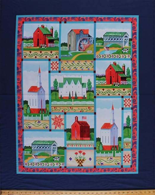 Amazon Com 35 X 44 Panel Jim Shore Village Farm Folk Art Houses Barns Covered Bridge Schoolhouse Churches Quilt Blocks Country Scenic Landscape Cotton Fabric Panel 61504 6470715