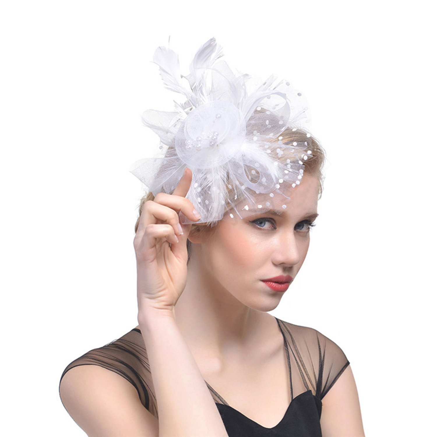 Ylucky Women Ladies Dot Mesh Feather Headband Fascinator with Yarn Beads Elegant Curlicue Feather Headwear Hat Bridal Wedding Cocktail Tea Party Derby Headwear Races Hats Hair Accessory White
