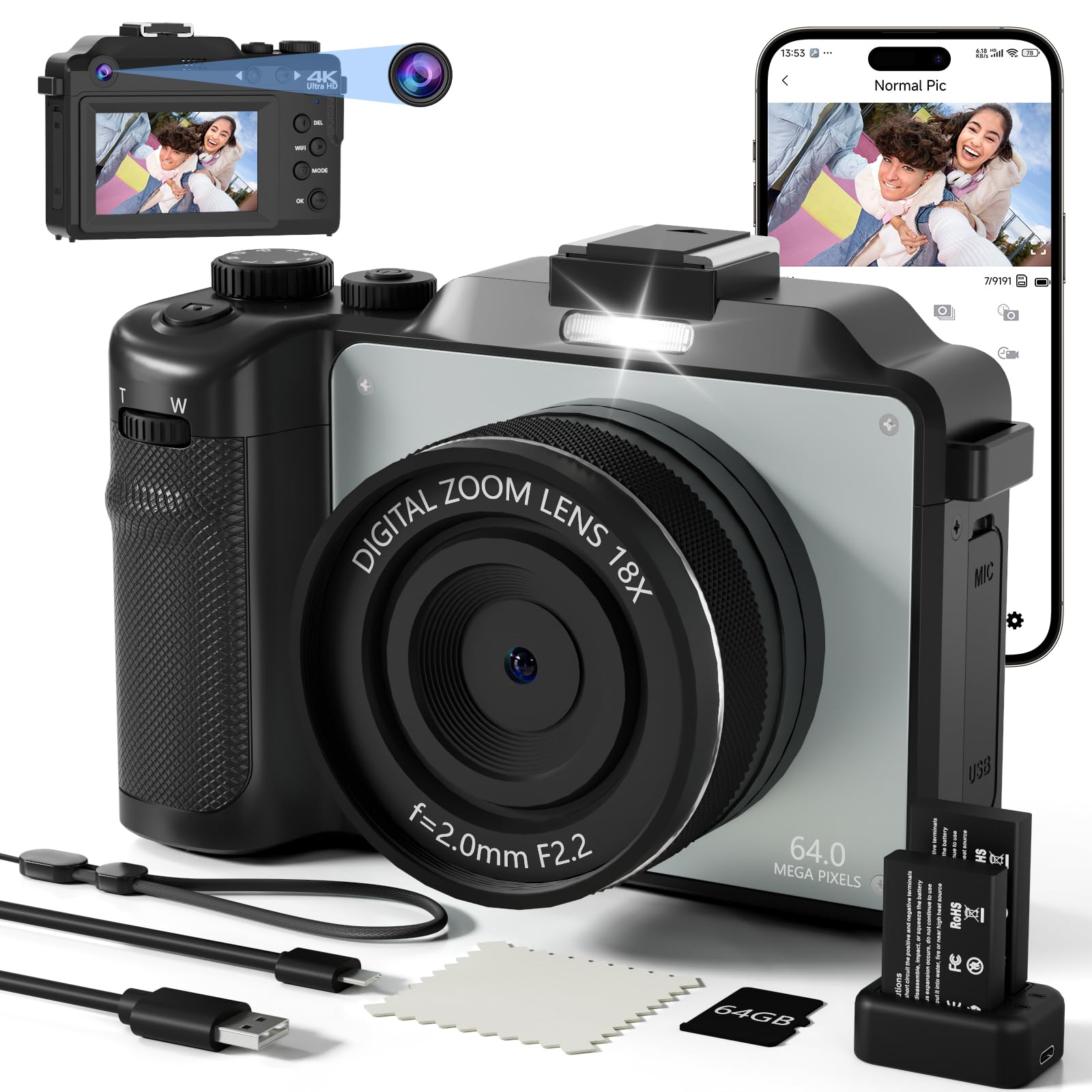 4K Digital Camera For photography, 64MP WiFi Autofoucs Vlogging Camera for Youtube, 4K Video Compact Travel Point Shoot Cameras with Flash, Selfie Lens, 64GB Card, 18X Zoom, 2 Batteries+Charger(Black)