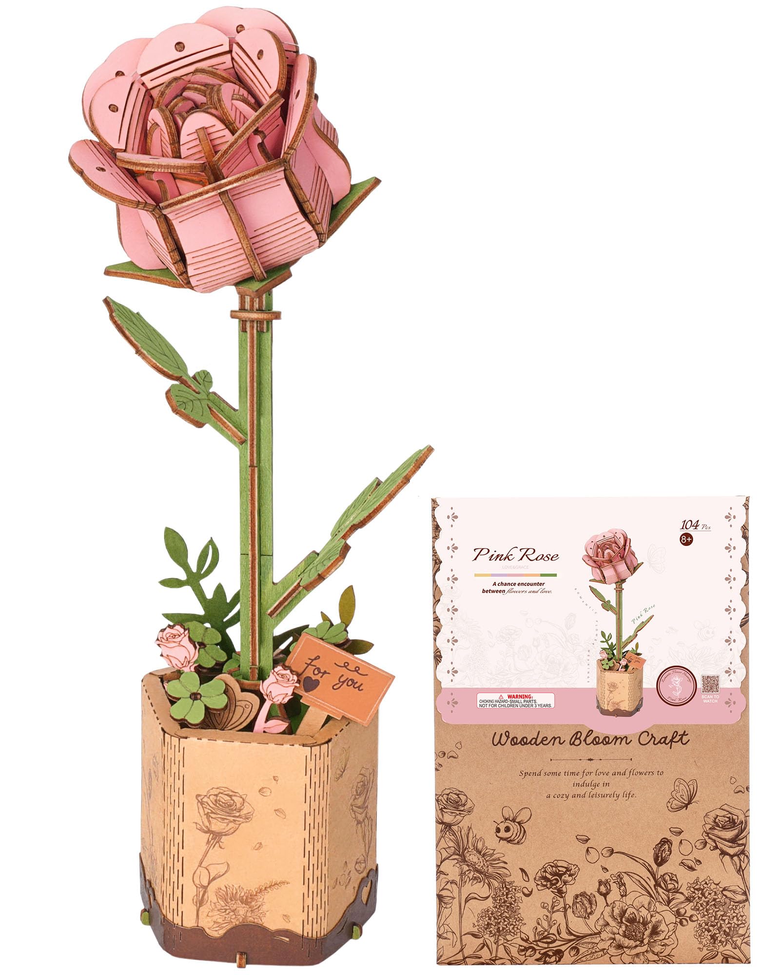 ROBOTIME 3D Puzzle Pink Rose, Wooden Artificial Flowers Model Kits for Adults to Build, Home Decor Accessories Living Room, Gifts for Women on Valentine's Day