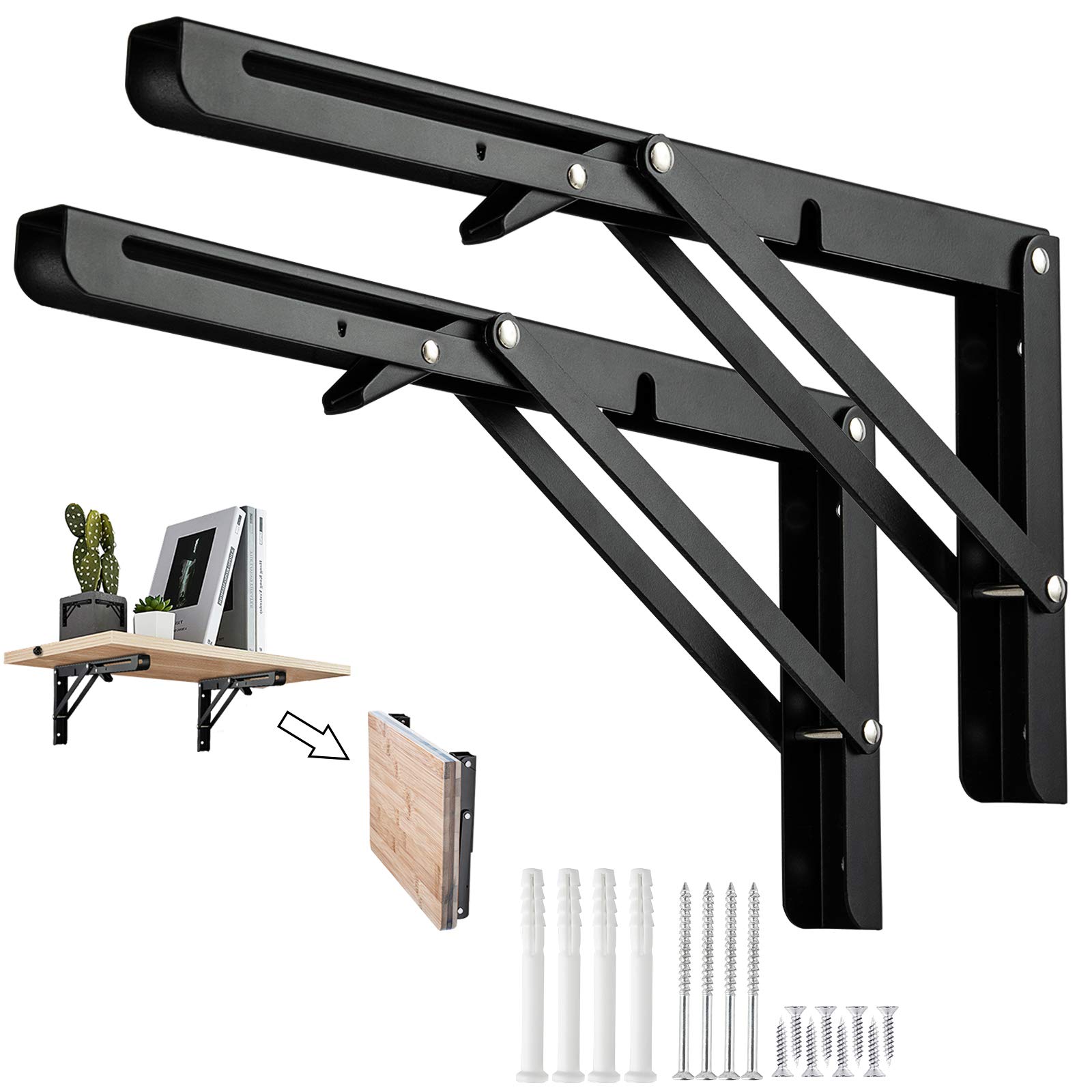 Barley Ears 2pcs 12 inch Folding Shelf Brackets Heavy Duty Metal Support Bracket Wall Mounted Floating Shelf Bracket for DIY Book Shelf Bracket Table Chair, Space-Saving — image 1