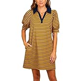 Yousify Women's Summer Lapel Collared V Neck Striped Dress Casual Puff Short Sleeve Polo Tshirt Dresses with Pockets