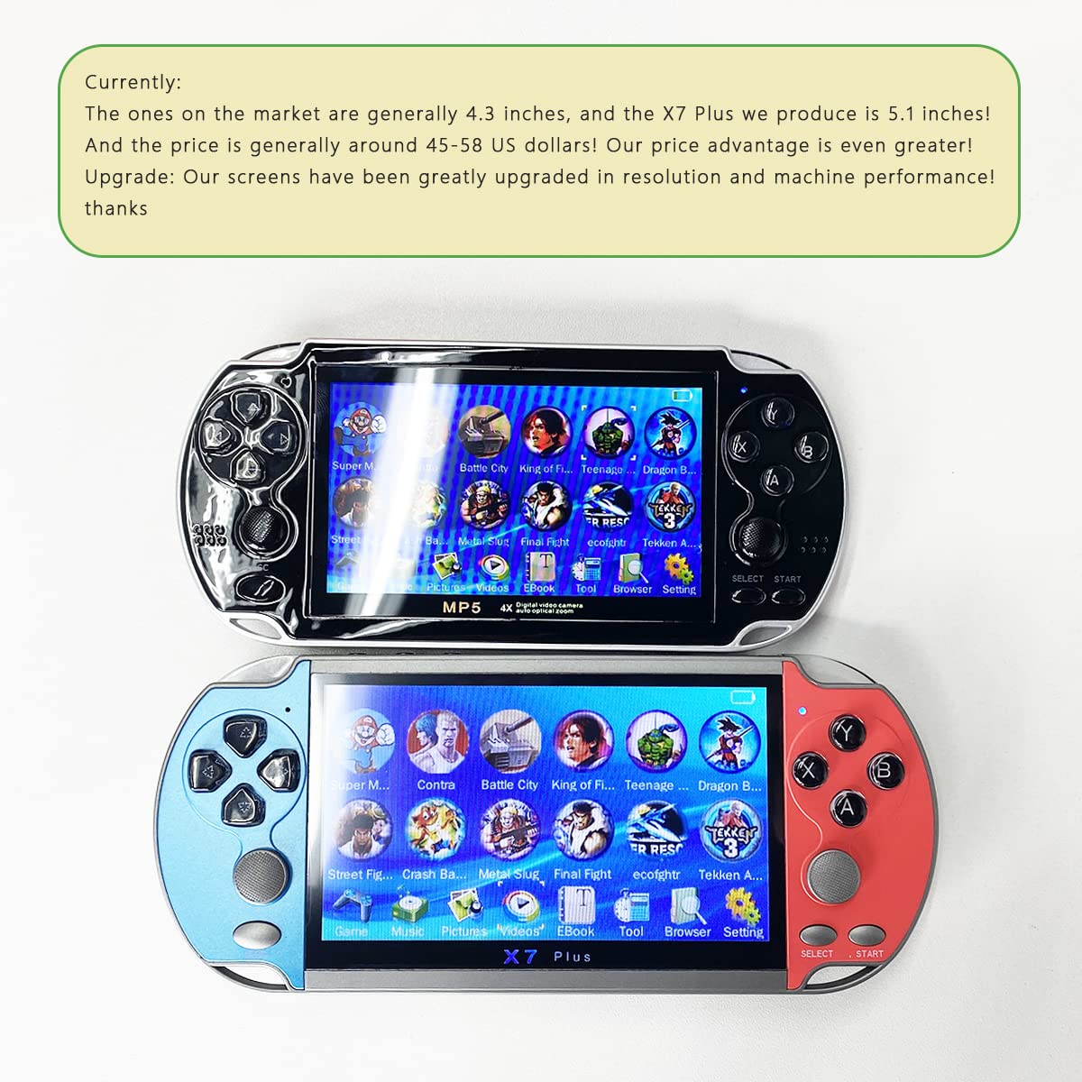 songlan-X7Plus 5.1 inch Built-in 10500+ Free Games GBC/GBA/FC/MD/Arcade, Dual Joystick Portable Handheld Game Console, 8GB RAM, MP3, MP4, MP5, Movie/Video/Music/Gamer Birthday Gift（Yellow&Red）