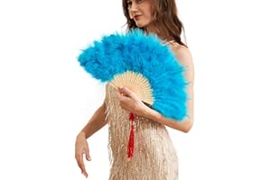 Happy Feather Handheld Marabou Feather Fan, 1920s Vintage Style Flapper Hand Fan for Costume Party and Dancing-Acid Blue
