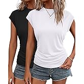 INNOVATOP 2Pack Womens Fall Cap Sleeve Tops Business Casual Crewneck Ruched T Shirts Trendy Outfits Beach Vacation Clothes White,Black