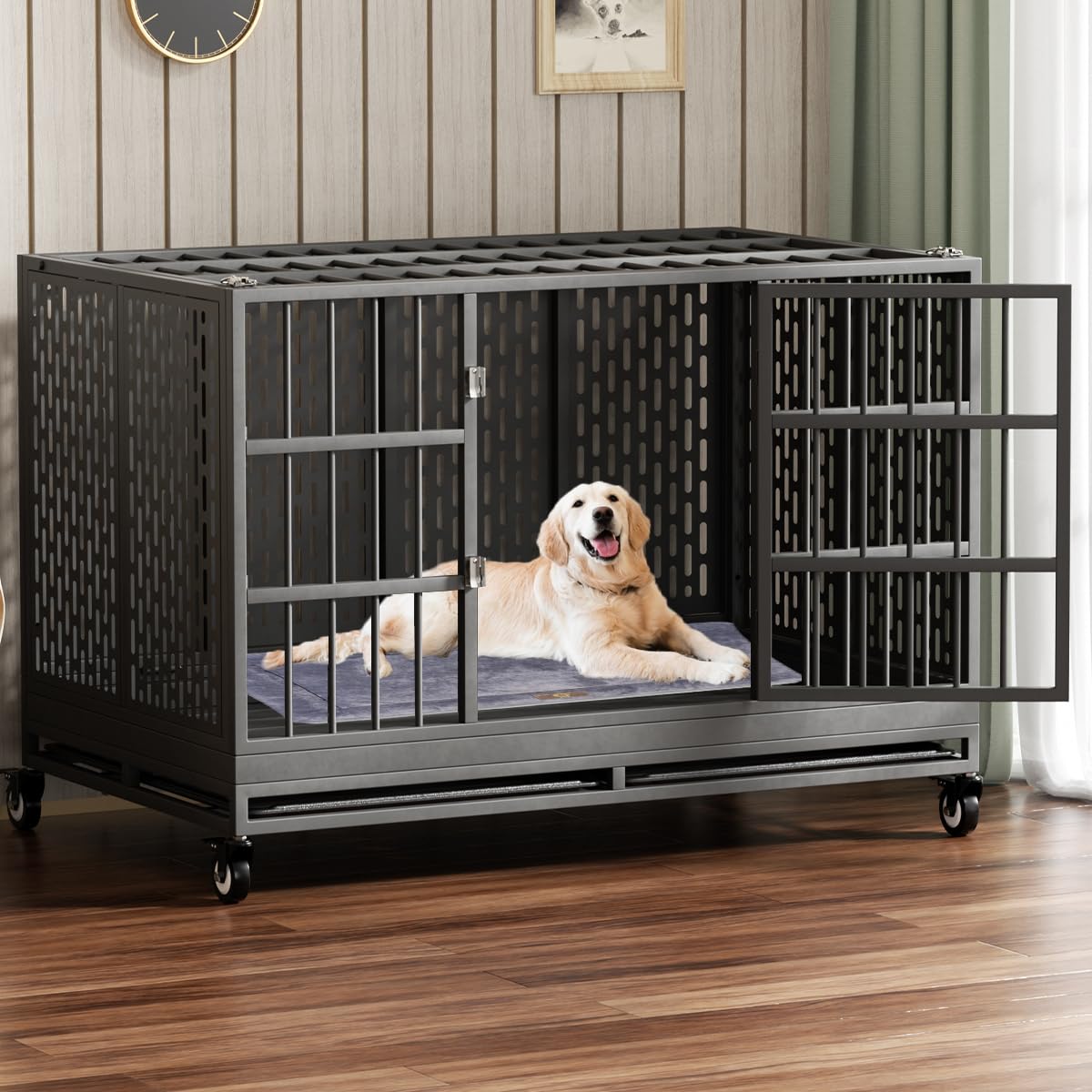 Photo 1 of Snuowu 38 Inch Heavy Duty Dog Crate with Wheels, Folding Metal Big Dog Cage for Large and Medium Dogs, Extra Large XL XXL Indestructible Dog Crate with Removable Tray.