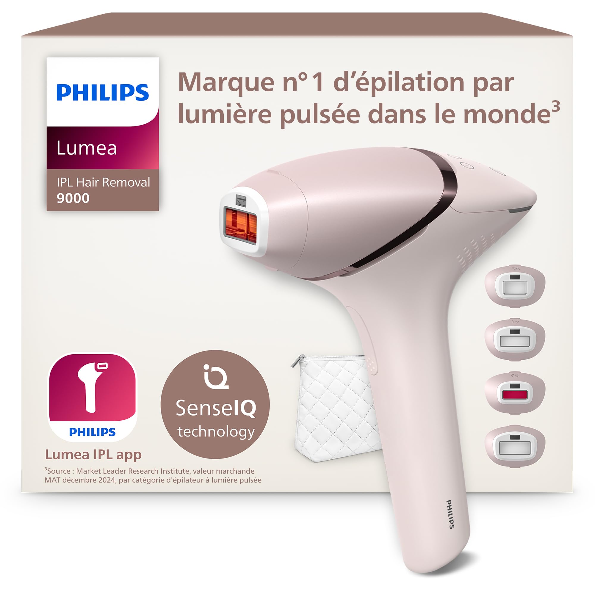Philips Lumea série 9000, Épilateur à lumière pulsée, alternative à l'épilation laser, technologie SenseIQ, 4 accessoires pour corps, visage, maillot et aisselles, usage avec ou sans fil, BRI957/00