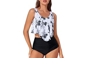MiYang Women's High Waist Flounce Ruffle Top Bikini Swimsuits Tummy Control Bottoms Two-Piece Bathing Suits Flounce Peplum