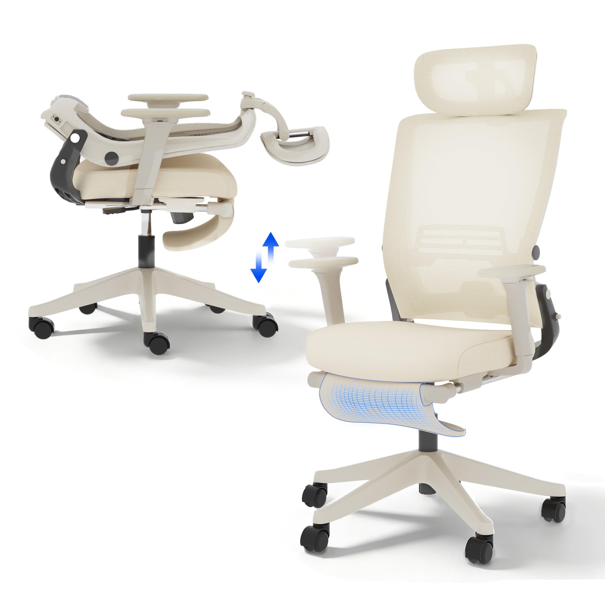 FLEXISPOT Ergonomischer Bürostuhl, Foldex, klappbarer Bürostuhl für Kleine Räume mit Lendenwirbelstütze, Höhenverstellbaren Armlehnen, 2D Kopfstütze, Schreibtischstühle mit Fußstütze Creamweiß