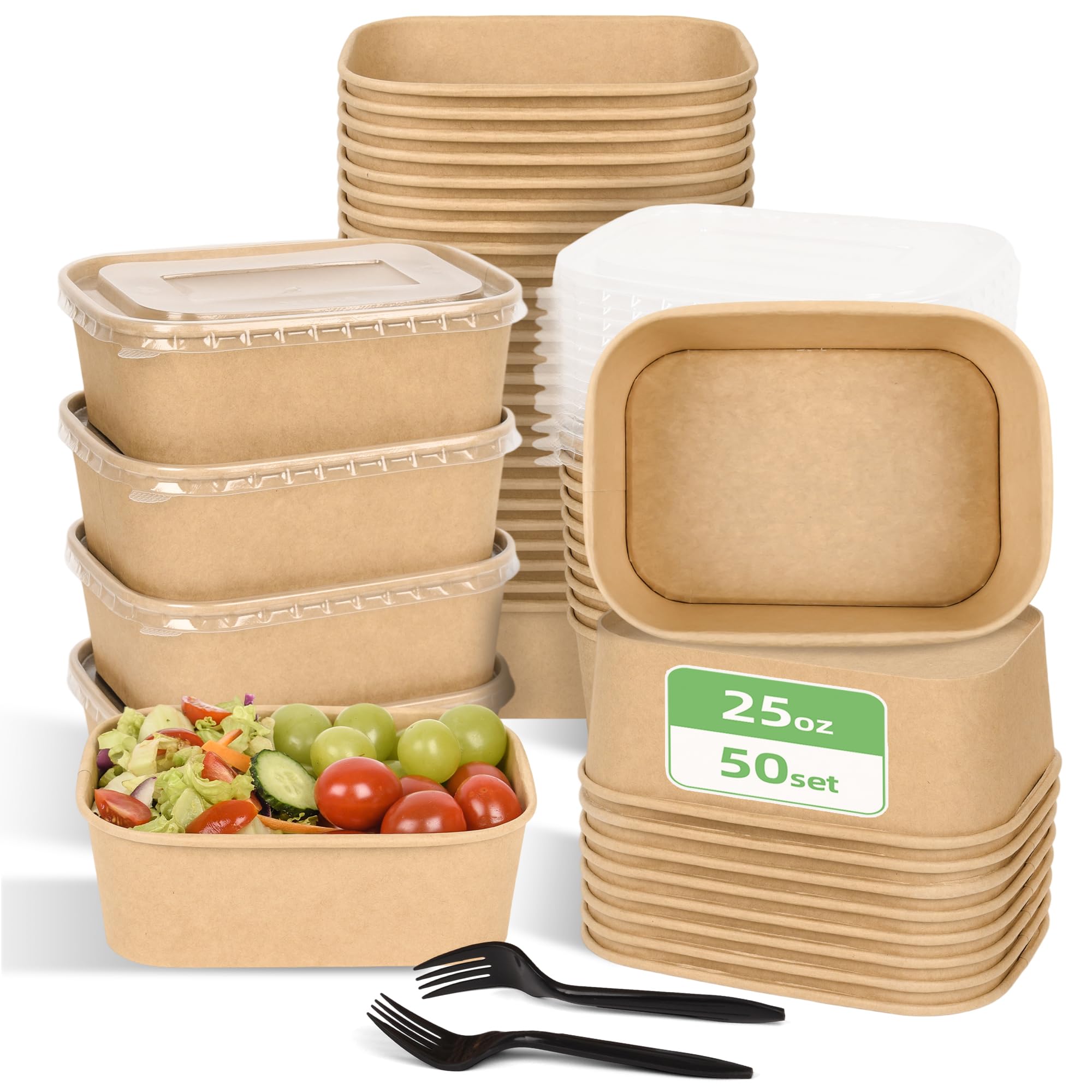 Photo 1 of **MISSING PARTS**
50 Pack Disposable Meal Prep Containers, 25oz Leak Proof Disposable Large Paper Bowls with Lids and Forks for Salad, Soup, Noodles, Microwavable and Freezer Storage Use Cardboard Food Containers