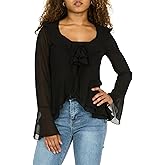 Forever 21 Womens Tie Front Top with Flounce Sleeves and Flyaway Hem