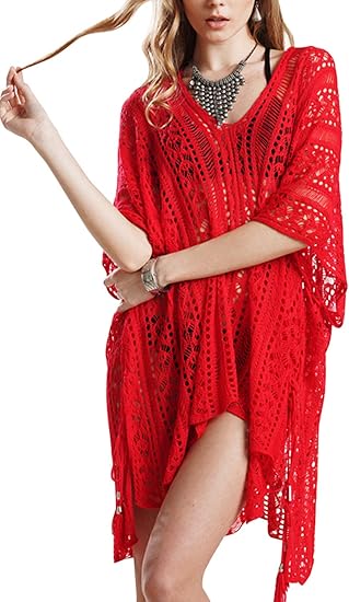 Amazon ビキニカバー ビーチワンピース ニットブラウス オーバーウェア かぎ編み ホロウ セクシー vネック ゆったり 柔らかい ブラック ホワイト ベージュ ワンピース チュニック 通販