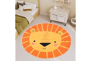 ABREEZE Kids Play Rug 4ft, Lion Round Area Rug Kids Nursery Door Mat Soft Plush Non-Slip Childrens Carpet for Bedroom Living Room Playroom,Orange
