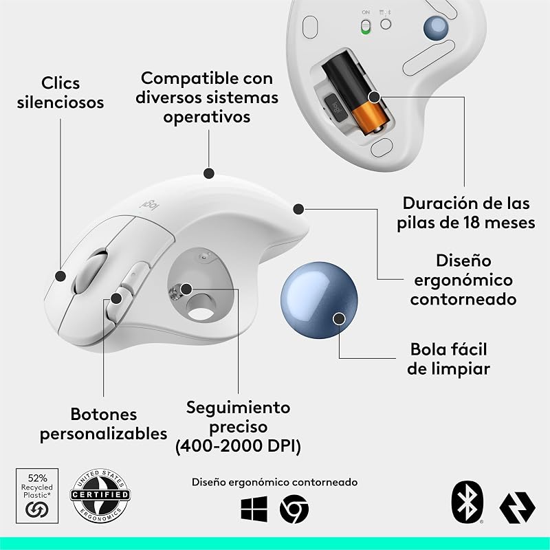 Mouse trackball sem fio Logitech ERGO M575S, mouse sem fio ergonômico com Bluetooth e chave USB criptografada, controle de polegar confortável, rastreamento suave e preciso, para PC/Mac - Branco