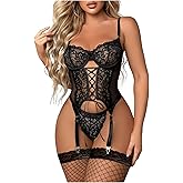 WDIRARA Women's Sexy Lingerie Set Floral Lace Garter Bustier Lingerie Set with 1Pair Fishnet Stocking