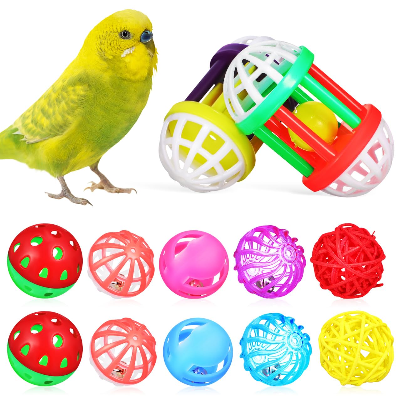 BELLIFFY Foraging Balls Bird Toys with Bells 12 Pack Chewing and Rolling Playthings for Parrots Parakeets Cockatiels Small Birds