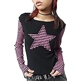 Women Vintage Star Pattern Stripes Patchwork T Shirts Long Sleeve Crew Neck Crop Top Casual Y2K 90s Streetwear