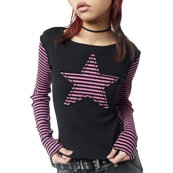 トップス thenewyouthpark* Y2K tops Women Y2K Star Shirt Long Sleeve Patchwork Striped Top