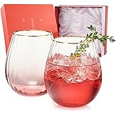 Khen Blush Red Large Wine Glassware | Set of 2 | Gold Rim Waterfall Balloon Shaped Glasses, Ripple Vibrant Ombre Color For Cocktails & Wine, Stemmed Vintage Gold Crystal Glass (14 OZ)