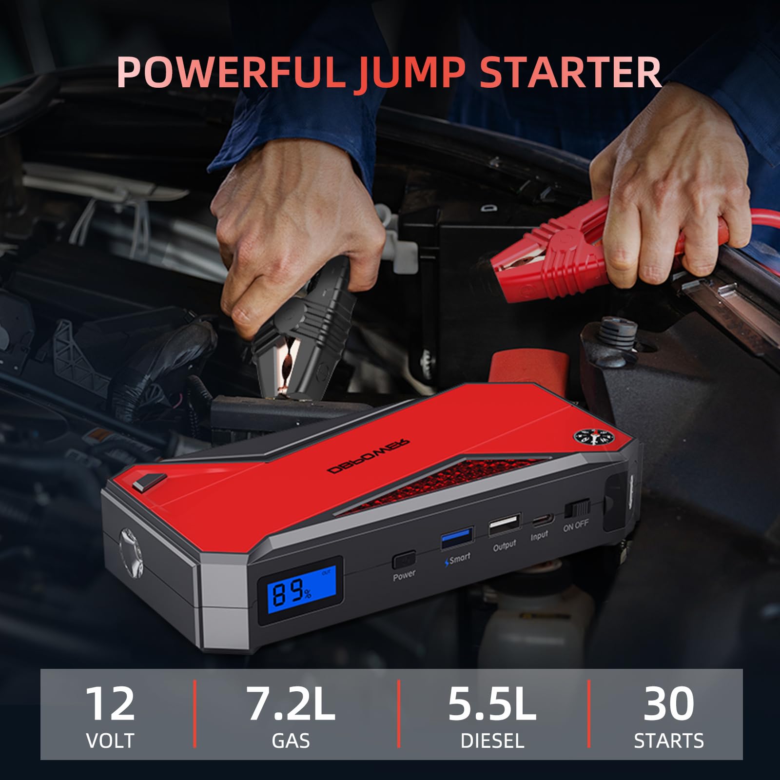 DBPOWER 1600A Peak 63.64Wh Portable Car Jump Starter (up to 7.2L Gas/5.5L Diesel Engine) Battery Booster with Smart Charging Port, LCD Display, Compass, LED Light and Intelligent Jumper Clamps