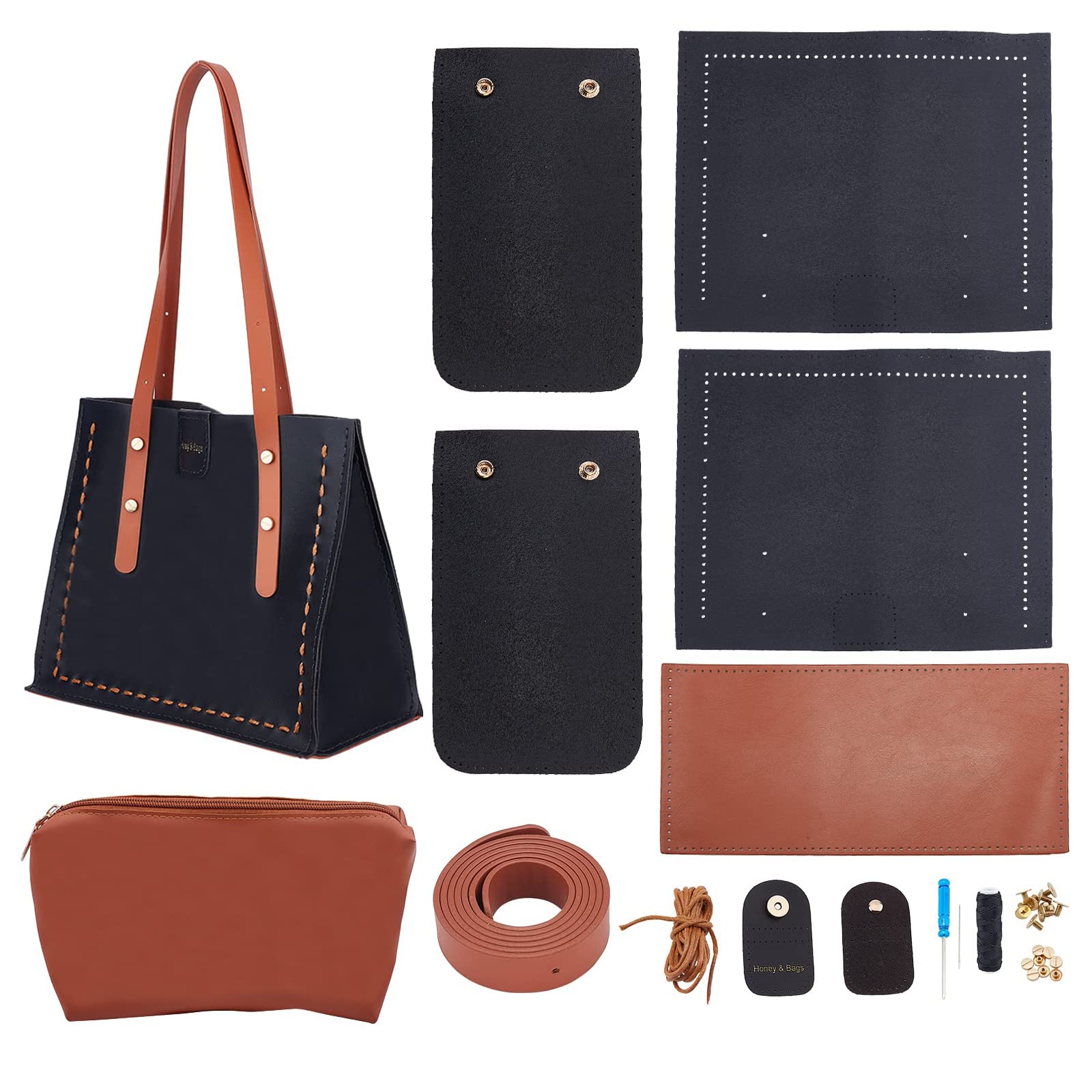 PH PandaHall DIY Tote Leather Bag Kit - Black Brown Large Tote Bag - Easy Handcraft Shoulder Bag with Insert Organizer - Straps, Screws, Buckles & Kitting Tool - For Women - Non-Foldable