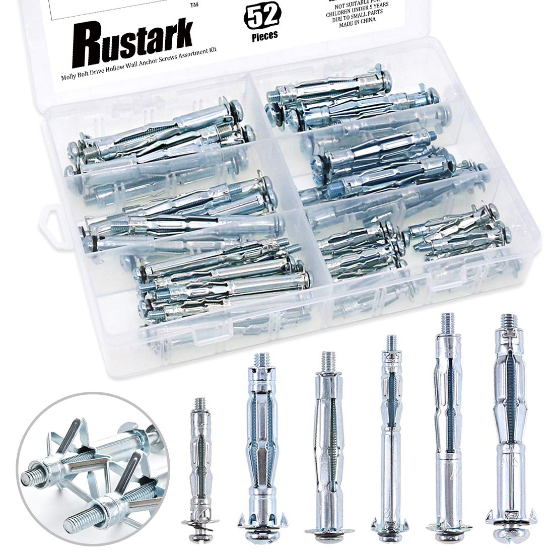 Rustark 52-Pcs 6 Sizes Heavy Duty Zinc Plated Steel Molly Bolt Drive Hollow Wall Anchor Screws Assortment Kit for Drywall Sheetrock