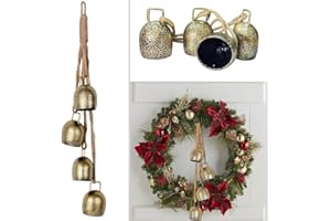 Christmas Bells Hanging Decorations, Xmas Metal Vintage Bells with Hanging Rope, Rustic Lucky Bell for Christmas Trees, Wreat