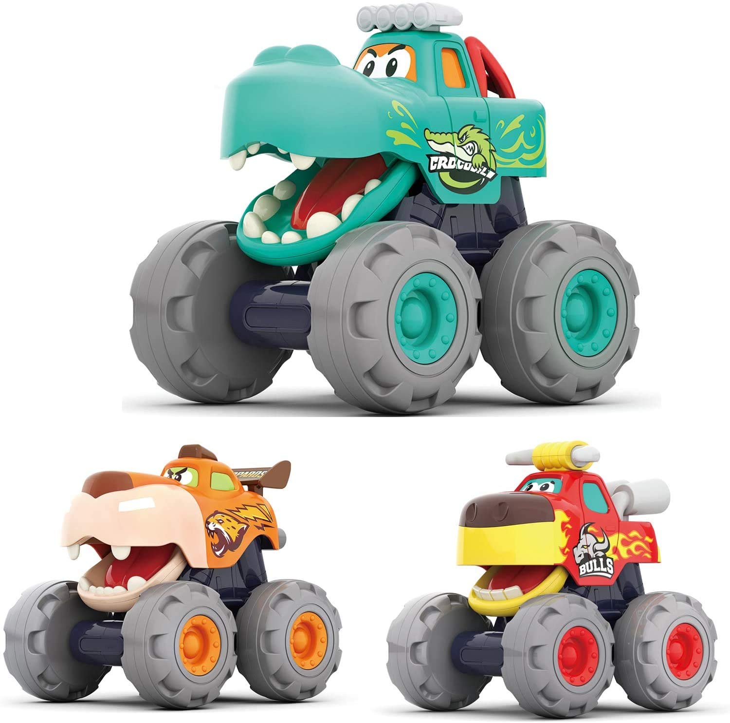 MOONTOY Monster Truck Car Toy Set for 1-3 Years, 3-Piece Cartoon Monster Truck Toy Cars, Red, Blue, Green — image 1