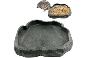 Reptile Water Dish Bowl Resin Rock Reptile Food and Water Feeder Pet Aquarium Ornament Terrarium Plate for Tortoise Lizard (D