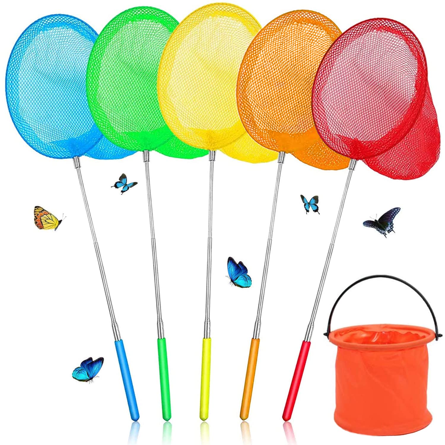 5 Pack Telescopic Butterfly Net Fishing Net Pond Net Extendable (14.5 to 33.8 Inches)+1 Pack Folding Bucketfor Catching Bugs Insect Small Fish Outdoor Beach Garden Activities