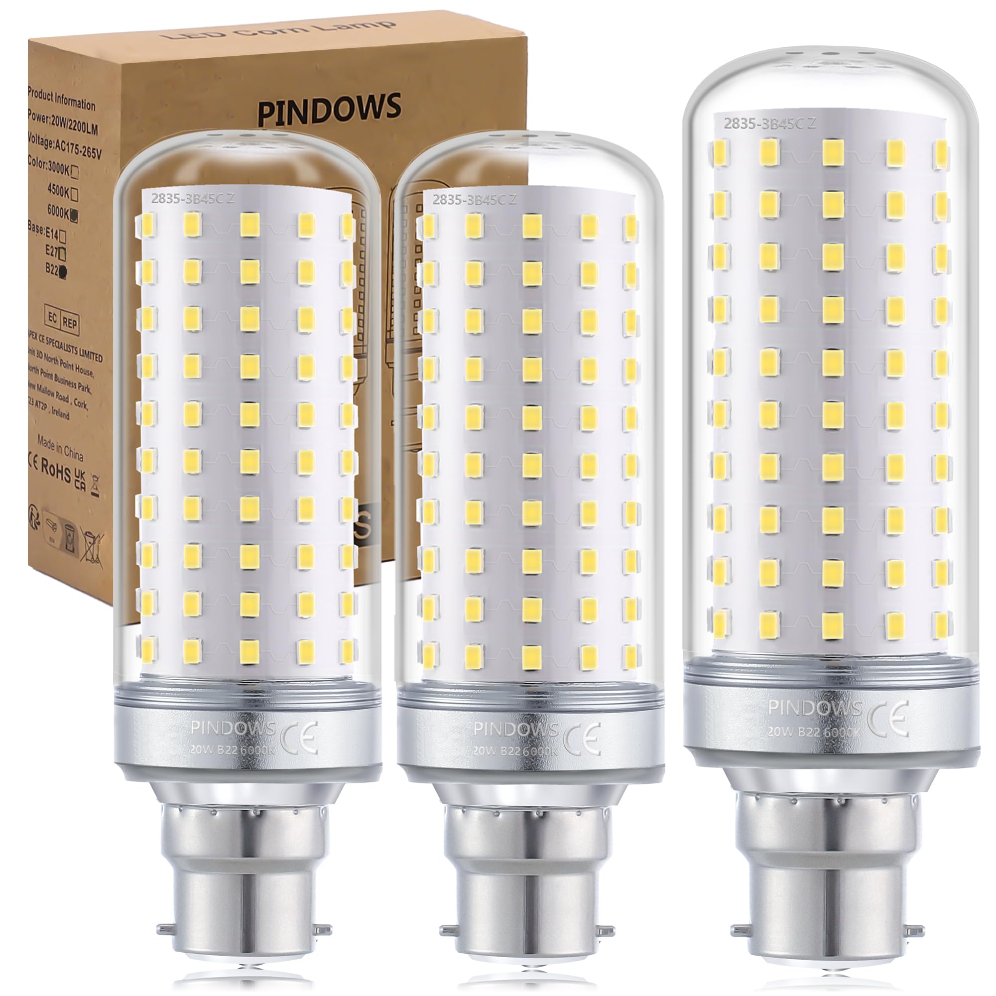 PINDOWS 20W LED Bulbs B22 Cool White 6000K, LED Corn Bulbs 200W Incandescent Equivalent, High Bright 2200LM Can Replace 150W~200W Incandescent Light, CRI 85, Non-Dimmable, 3-Pack