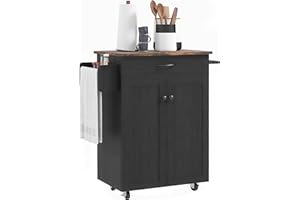 HOMCOM Kitchen Island with Storage, Rolling Kitchen Cart with Rubberwood Top, Drawer, Spice Rack, Towel Rack, Cabinet and Adj