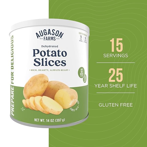 AUGASON FARMS DEHYDRATED POTATO SLICES EMERGENCY FOOD SUPPLY, 15 SERVINGS, 25 YEAR SHELF LIFE, CERTIFIED GLUTEN FREE SLICED POTATOES – DEHYDRATED MEALS, SURVIVAL FOOD CAMPING ESSENTIALS CAN