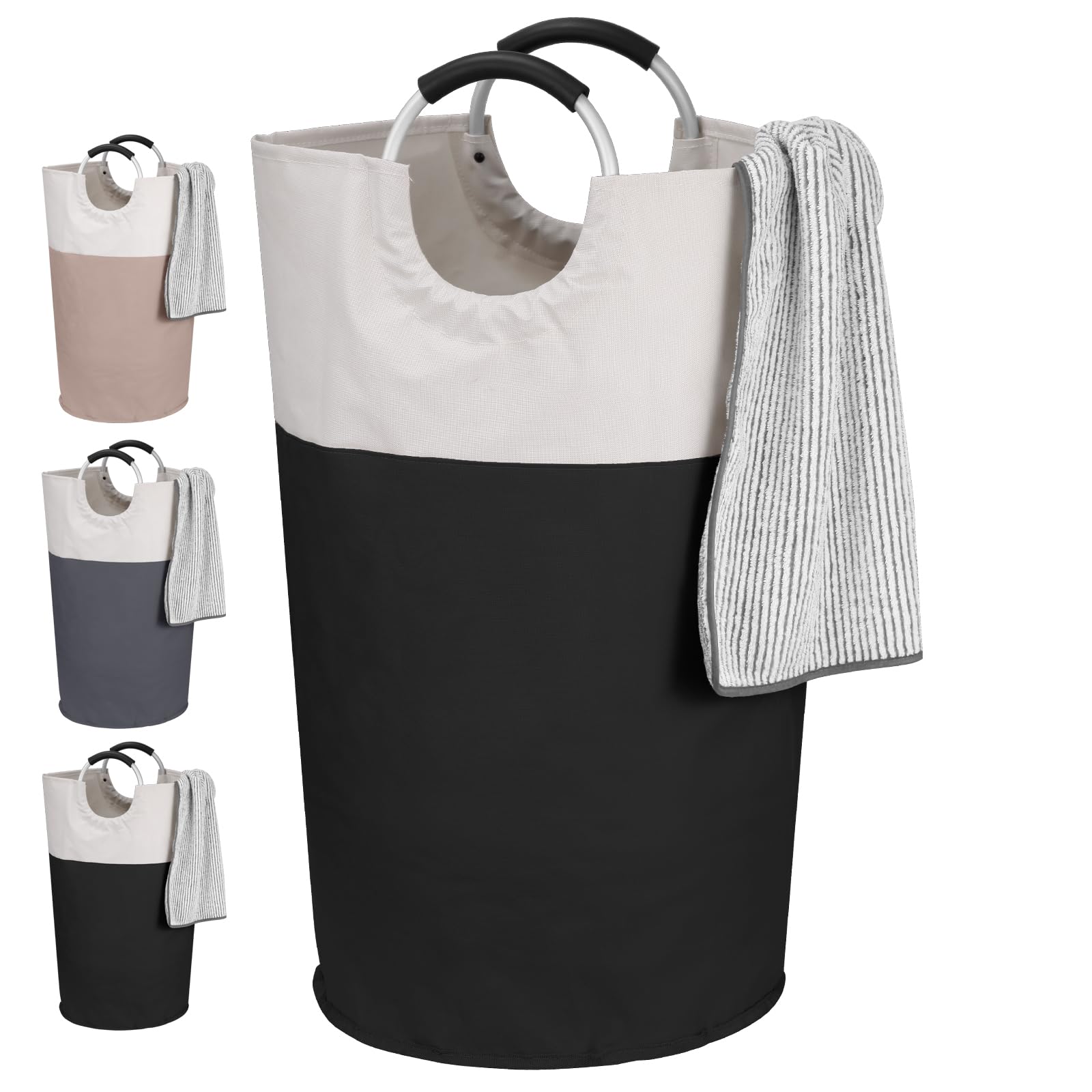 IHOMAGIC Freestanding Laundry Hamper 95L Storage Hamper, Foldable Laundry Basket with Soft Carrying Handles, Oxford Fabric Organiser Bin for Bottles Clothes Toys, Portable Basket for Bathroom - Black