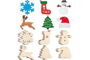 NEBURORA Lot de 36 décorations de Noël en bois brut - 6 styles avec trous - Kit de décorations de Noël à suspendre - À peindr
