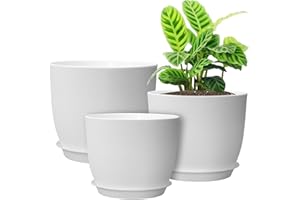 UOUZ 12/10/9 Large Modern Plant Pots, Plastic Planters with Drainage Holes and Saucers for Indoor Outdoor Plants Flowers, White