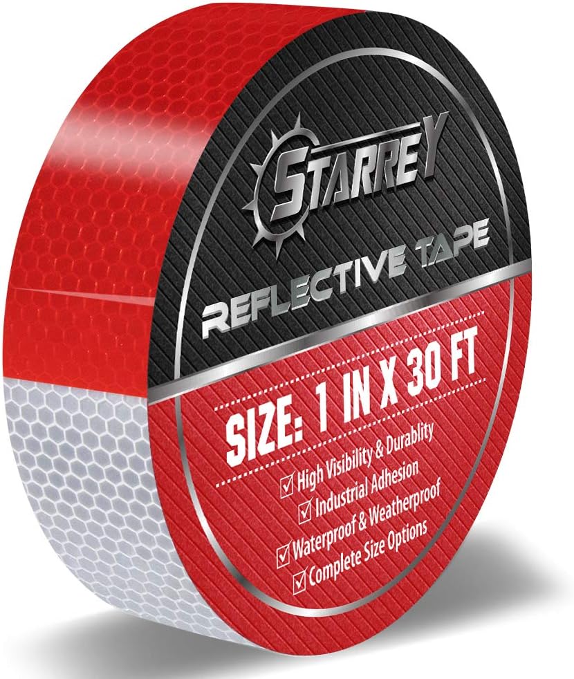  Starrey Reflective Tape Red White 1 IN X 30 FT Waterproof Self Adhesive Trailer Safety Caution Reflector Conspicuity Tape for Trucks Cars