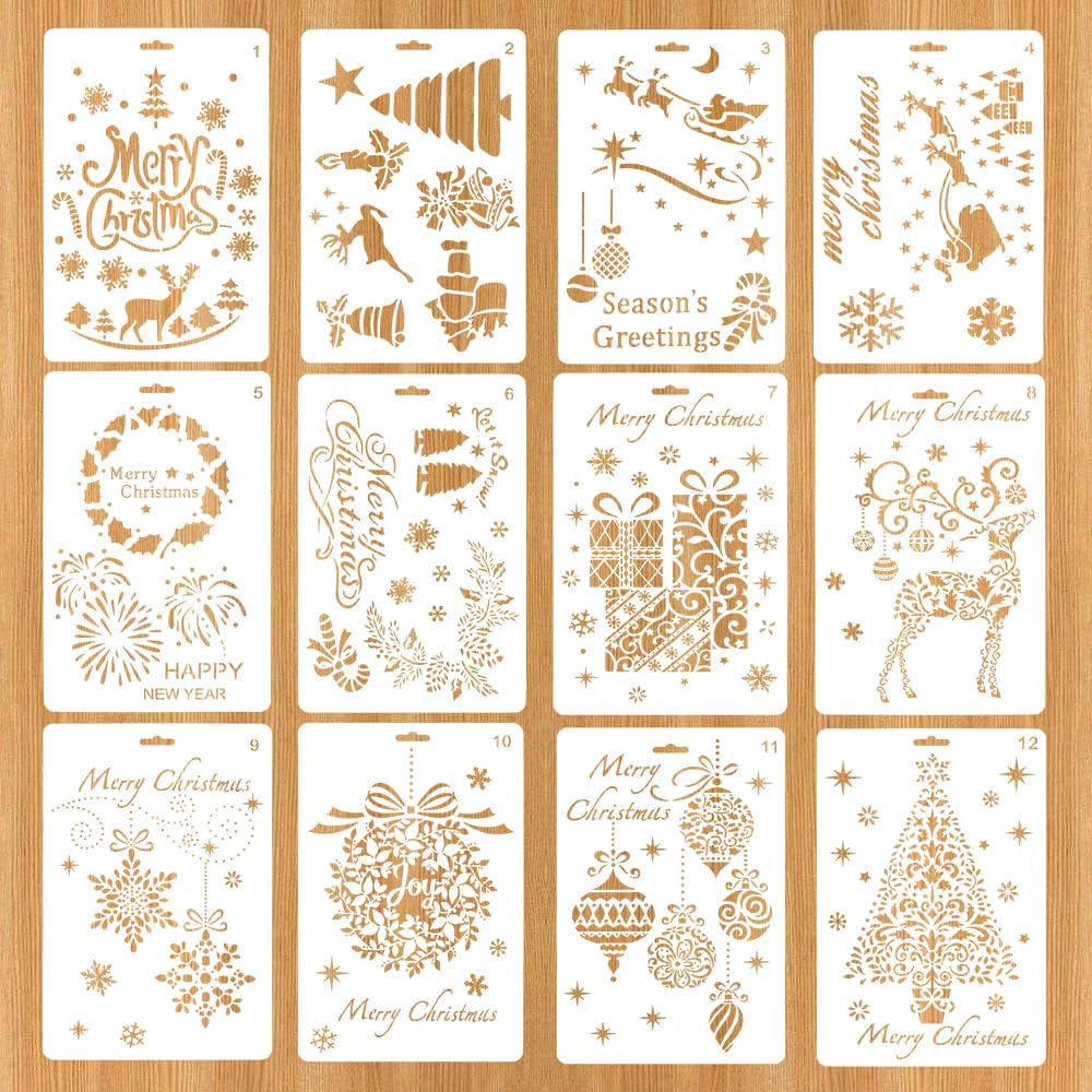 HLIWS 12 Pieces Reusable Christmas Painting Stencils,Plastic Painting Template,Drawing Craft Stencils,for DIY Scrapbooking, Christmas Card Craft Accessory