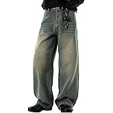 HENGAO Mens Baggy Jeans Vintage Hip Hop Wide Leg Denim Pants Y2K Streetwear Skater Loose Fit Trousers